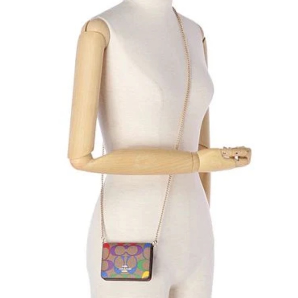 COACH Rainbow Signature canvas convertible mini wallet golden Chain - Picture 16 of 16